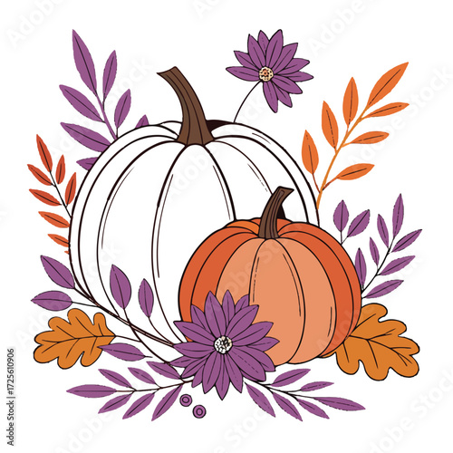 A charming illustration of white and orange pumpkins surrounded by colorful autumn leaves and purple flowers, isolated on white background, evoking the spirit of fall harvest