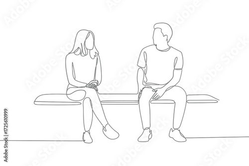 Couple sitting on a bench drawn in a simple line art style