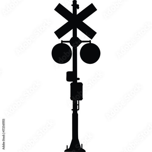 Black and white silhouette of a railroad crossing signal gate lights safety transportation train railway icon graphic design element