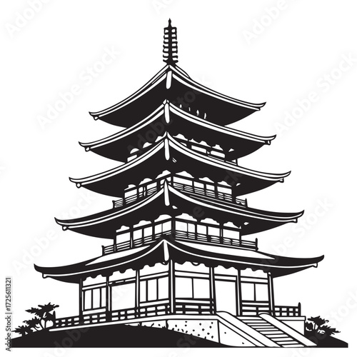 A fivestory pagoda, a traditional east asian architectural structure, stands tall with its tiered roofs and intricate details, isolated on white background, showcasing its cultural significance