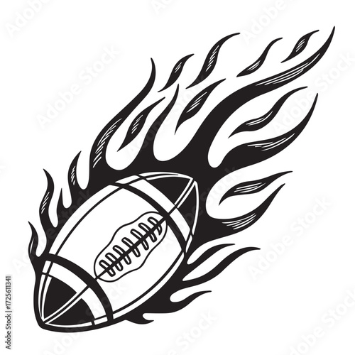 A dynamic illustration of a football engulfed in flames, symbolizing speed, power, and intensity, isolated on white background, perfect for sportsthemed designs and graphics