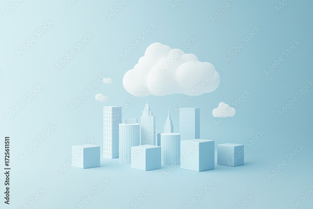 Obraz premium 3D white cloud above modern city buildings on a soft blue background, ideal for IT cloud technology, data infrastructure, online services, and digital platform concepts