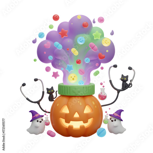 Enchanted Halloween Pharmacy: Jack-o'-lantern's Magical Brew with Whimsical Pills, Ghosts, and Stethoscopes