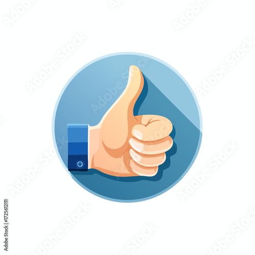 Illustration of a thumbs up hand gesture with a blue cuff inside a blue circular background design