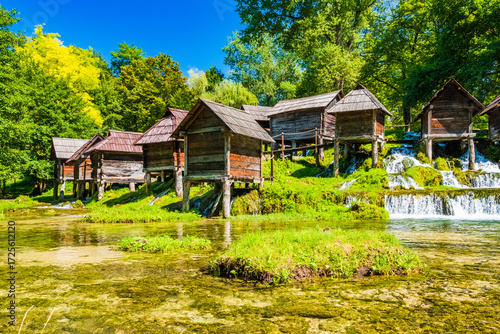 Old wooden mills Mlincici near Jajce on Plivsko Lake, Bosnia and Herzegovina, popular tourist attraction