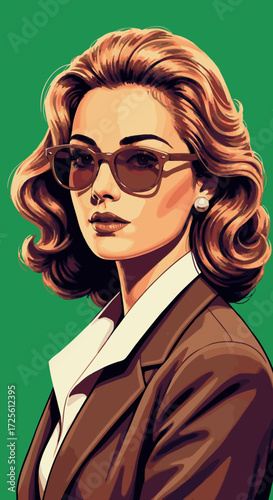 Illustrazione retrò di donna elegante con occhiali da sole, capelli ondulati e abbigliamento classico su sfondo verde
