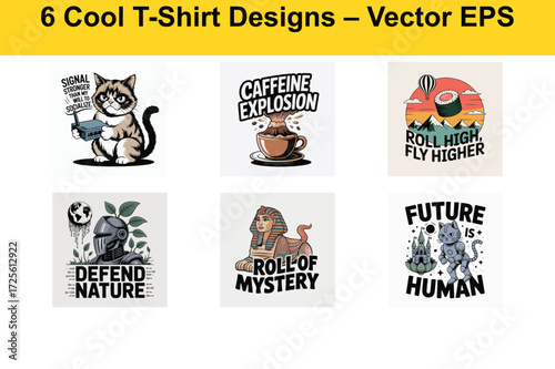 Compilation of six distinct graphic t-shirt design concepts featuring animals typography and abstract elements ready for printing vector