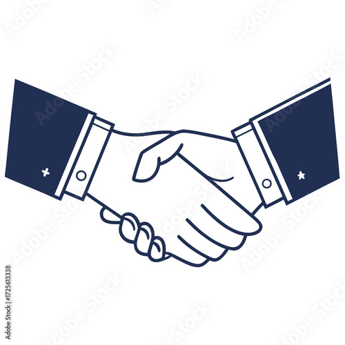 Two business professionals in dark suits shaking hands in a gesture of agreement and partnership