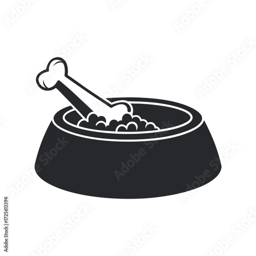 Dog food bowl with bone and kibble vector pet feeding icon and dog dish logo for pet care businesses