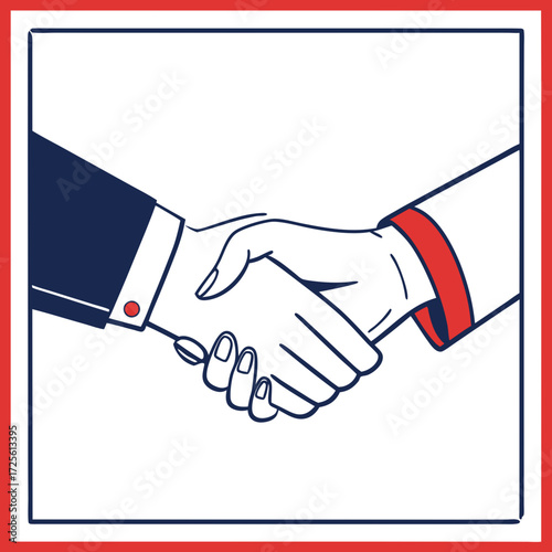 Two hands in a firm handshake symbolizing agreement partnership and a successful business deal in a minimalist illustration style