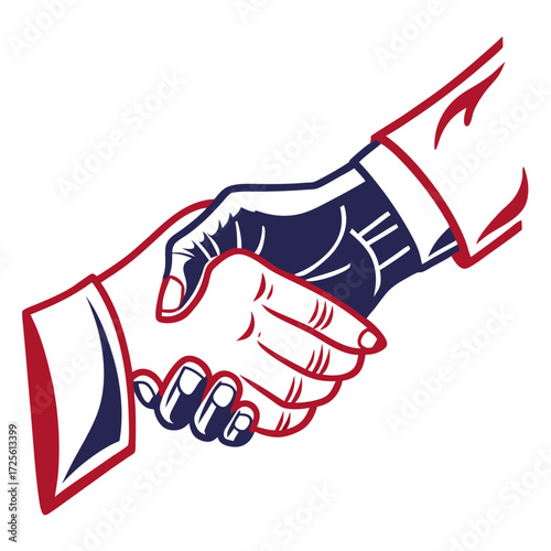 Two hands in a firm handshake symbolizing agreement partnership cooperation and trust in a stylized graphic design