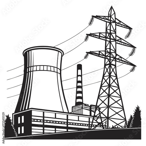Black and white illustration of a power plant with cooling tower smokestack and high voltage electricity pylon