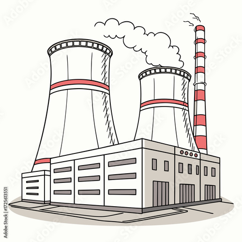 Cartoon illustration of a power plant with large cooling towers and a smokestack emitting steam against a white background