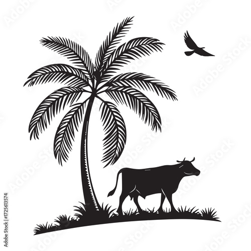 A silhouette of a palm tree, cow, and bird creates a tropical scene, isolated on white background the stark contrast emphasizes the natural elements and serene atmosphere