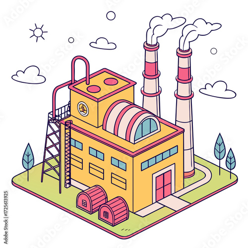 Isometric illustration of a stylized factory with smoking chimneys and a bright sun in a cartoon style