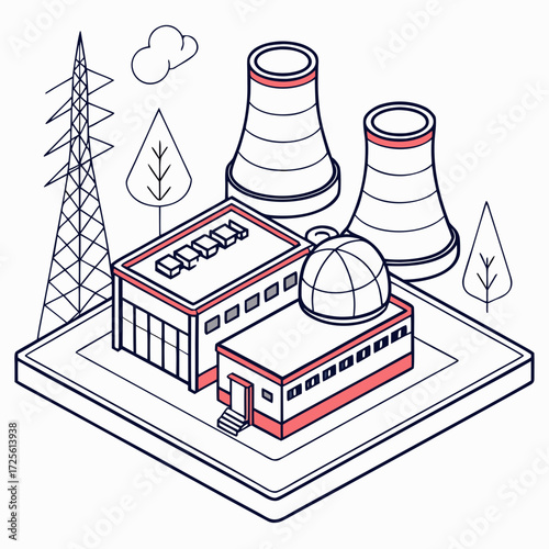 Isometric illustration of a modern industrial power plant with cooling towers and transmission tower against a white background