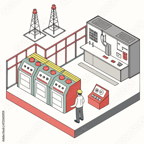 Isometric illustration of an oil rig control room with machinery consoles and worker overseeing operations