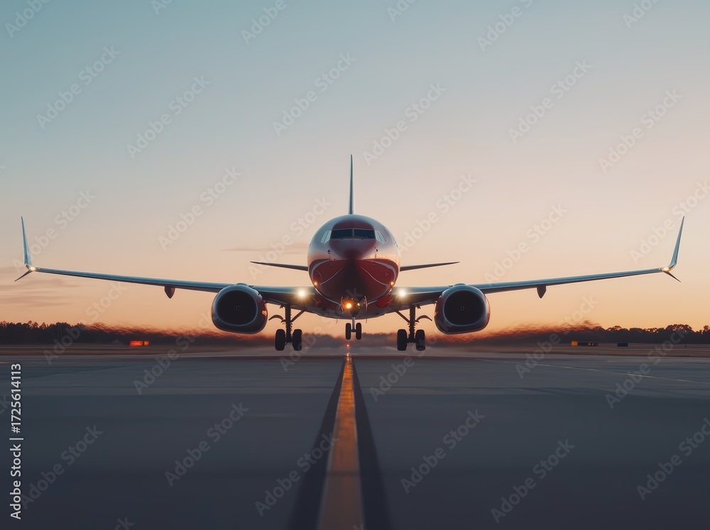 Naklejka premium Airplane on Runway at Sunset with Beautiful Sky Background