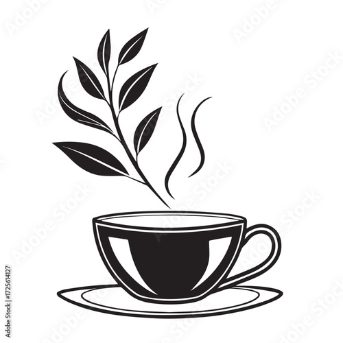 A steaming cup of tea with a tea leaf sprig, isolated on white background, depicted in a black and white illustration, representing warmth, relaxation, and the simple pleasure of a hot beverage