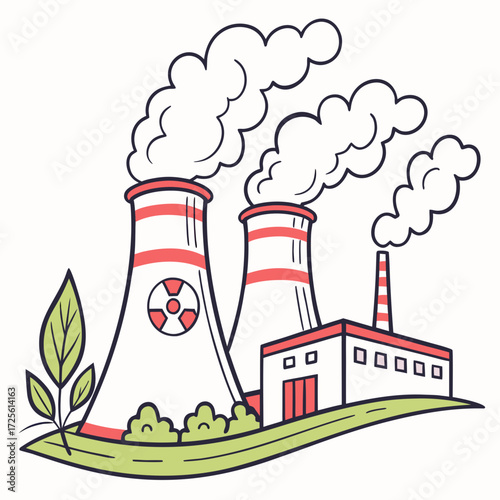Stylized illustration of a nuclear power plant with cooling towers emitting steam and a small building with a smokestack