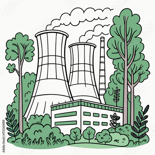 Stylized illustration of a power plant with cooling towers and a smokestack surrounded by lush green trees and foliage