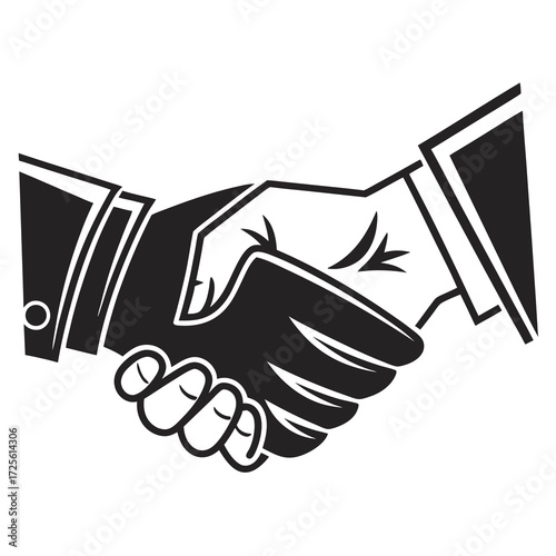 Two business professionals in formal attire shaking hands firmly in a black and white graphic illustration symbolizing agreement and partnership