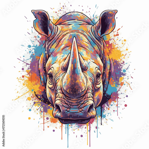 Vibrant watercolor rhino head portrait. Front-facing, colorful paint splatter, wild animal art.