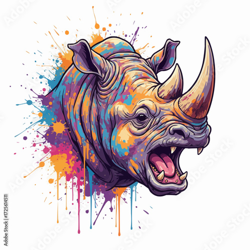 Vibrant watercolor rhino head illustration. Side view, aggressive snarl, colorful splash.