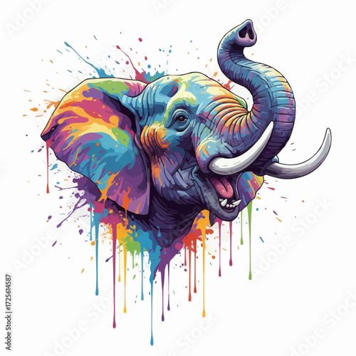 Vibrant elephant head illustration. Side view, trunk up, colorful splash art, dynamic.