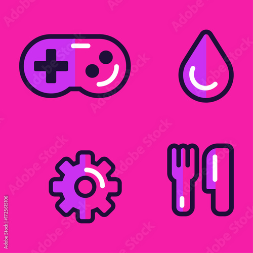 Set of Four Flat Icons Representing Gaming, Water Drop, Mechanical Gear, and Utensils on a Pink Background