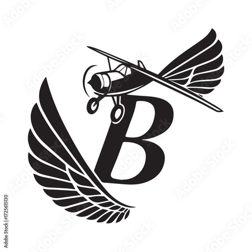 Aviation themed logo featuring a vintage airplane and stylized wing isolated on white background, representing flight, freedom, and adventure in a classic and bold design