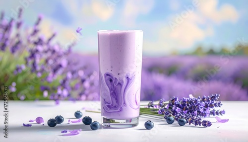 Delicious blueberry smoothie with fresh blueberries and lavender