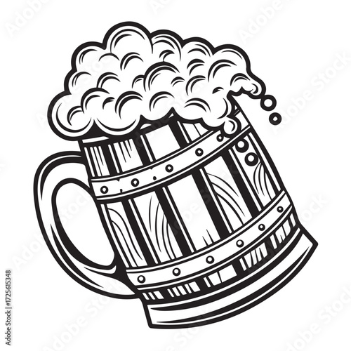 A vintagestyle black and white illustration of a frothy beer mug, isolated on white background, perfect for oktoberfest designs, brewery promotions, and classic pub themes