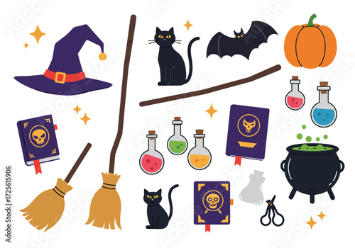Vector art of a whimsical Halloween scene featuring a witches' hat, black cats, a bat, a pumpkin, potion bottles, spellbooks, a cauldron, a broom, scissors, and a ghost, all set against a clean white 