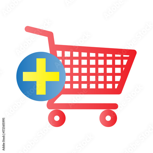 Vibrant shopping cart icon with a 'plus' symbol, perfect for e-commerce and online retail