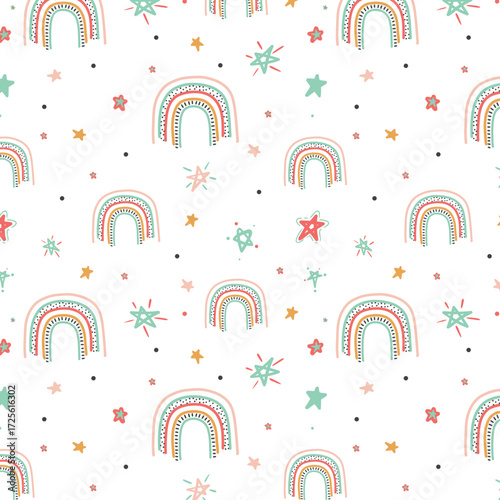 Cute scandinavian childish seamless pattern with trendy hand drawn rainbows in naive art style, can be used as kids texture for fabrics, textile, wallpaper, apparel etc, vector illustration
