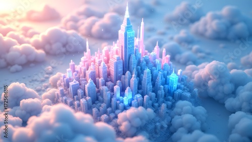 Dreamy Cityscape with Colorful Skyscrapers Surrounded by Clouds