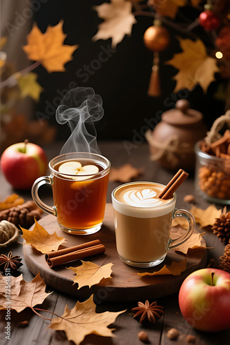 Steaming Autumn Spiced Coffee in White Mugs with Cinnamon Sticks, Apples and Fall Leaves — Cozy Seasonal Beverage for Cafes or Holiday Marketing