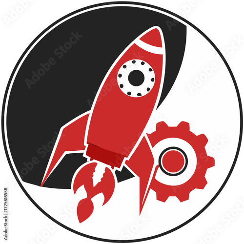 Rocket launching with gears in a circular logo design  
