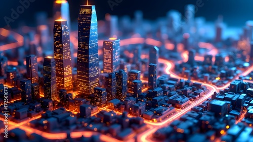 Futuristic Cityscape with Towering Buildings and Neon Lights at Night