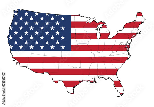 Vector illustration of the map of the united states of america filled with the american flag, representing the usa, patriotism, and national identity