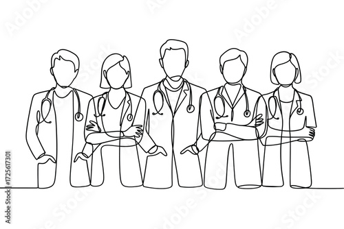 Diverse medical team in a continuous line drawing style