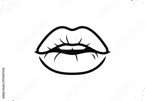Vector illustration of black and white outline of lips with a subtle smile