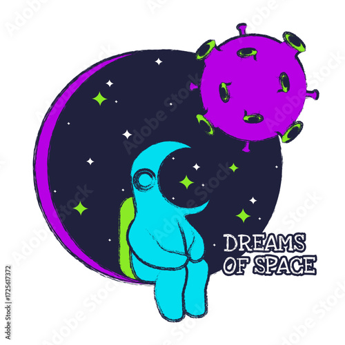 Crayon art. Vector illustration of colored astronaut in porthole with Crayon texture moon and stars isolated trtansparent backgorund. Perfect colored Chalk kid art nursery poster child t-shirt print
