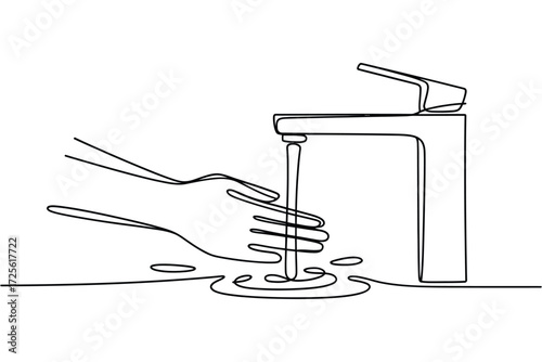 Handwashing under a modern faucet in a minimalist line drawing