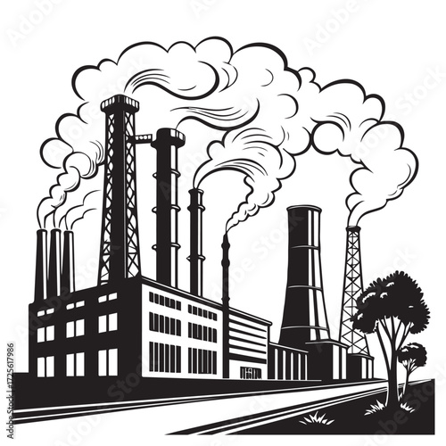 Industrial factory spewing smoke isolated on white background, depicting a complex of chimneys and buildings with heavy pollution, rendered in stark black and white for dramatic effect