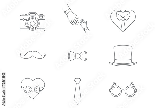 Vector illustration of collection of simple line art icons for fathers day, including a camera, hands, tie, mustache, bow tie, top hat, and glasses