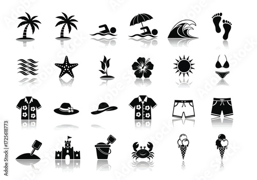 Vector illustration of collection of black and white summer vacation icons with reflections