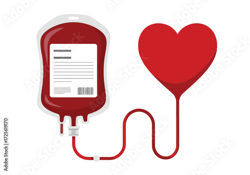 Vector illustration of blood bag connected to a heart symbol, representing blood donation and saving lives