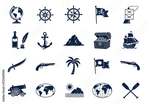 Vector illustration of a collection of piratethemed icons including a ship, treasure chest, cannon, globe, and swords, on a